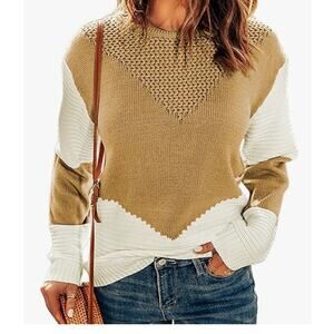 Dokotoo Womens Crochet Crewneck Long Sleeve Pullovers Color Block Tunic